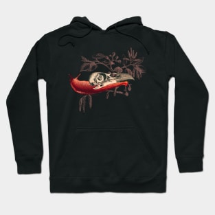 Enigmatic Escargots: Spooky Art Print Featuring Red Snail Donning Raven Skull Shell Hoodie